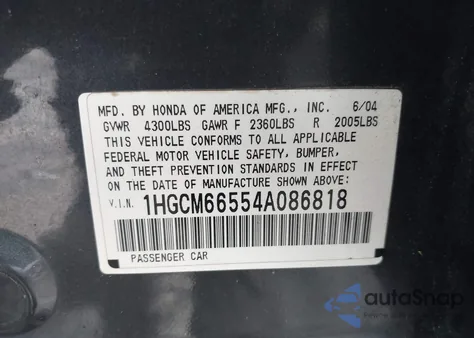 2004 Honda Accord Ex from USA, damaged, VIN 1HGCM66554A086818
